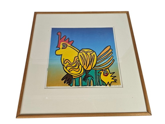 Image 1 of Derk Wessels - Bois - Linogravure - Graphisme - Coq avec poussin - 1997