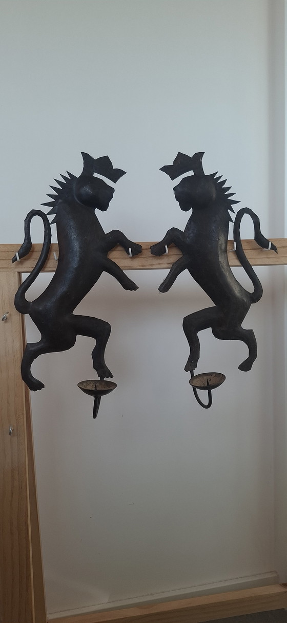 Image 1 of Set of 2 Rare Antique Wrought Iron Wall Sconces - Exclusive Antique Lions