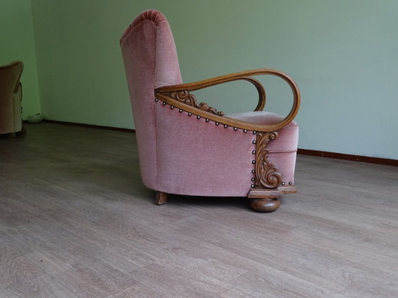 Image 1 of ⚠️ 2 sur 4 encore disponibles | Fauteuils club Art déco (env. 1920-1950) | Velours rose poudré | Chêne sculpté