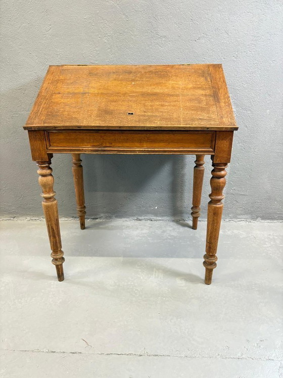 Image 1 of Vintage Wooden Writing Desk with Drawer Turned Legs Classic Style
