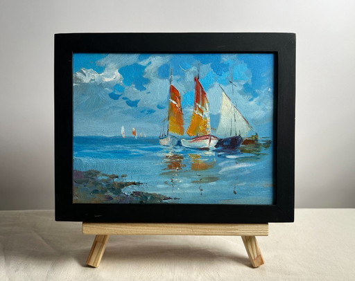 Peinture à l'huile originale représentant un paysage marin bleu « En voyage en mer »