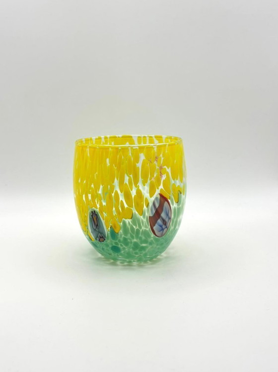 Image 1 of Set van 6 Venetiaanse glazen van geblazen glas met Murano-effect (murrine) in het glas verwerkt, handgemaakt in Italië.