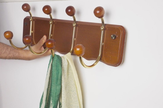 MCM Portemanteau en Bois Crochets Doubles en Laiton Mid Century Vintage Patère Murale Organisateur d'Entrée (photo 7 of 10)