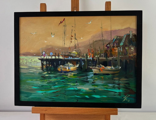 Original Oil Painting Evening Coastal Landscape Yachts in the sea under the gentle sun