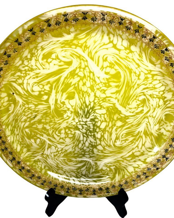 Image 1 of Hand Blown Art Glass Plate Yellow White Swirl Gold Rim Murano Style Vintage