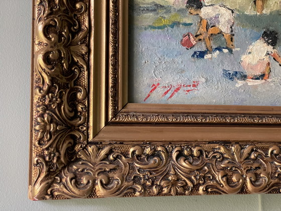 Image 1 of À la plage, huile sur toile, signée, encadrée