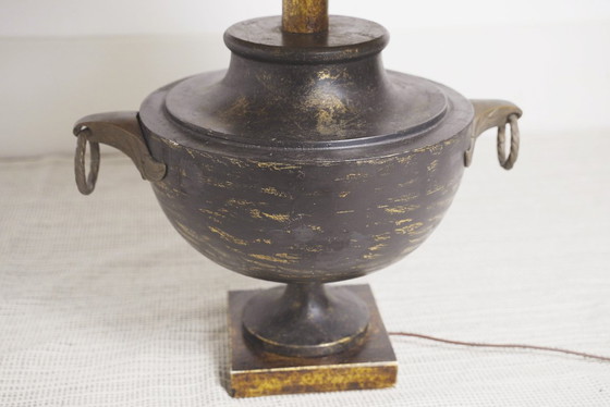 Image 1 of  Italian Neoclassical Amphora Table Lamp Black Patina Urn Base with Brass Handles Vintage Classical Lighting 