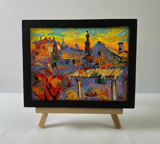 Original Oil Painting Sunset Sky Landscape Evening Over The City