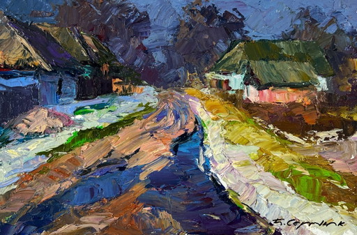 Pintura al óleo original Paisaje natural Verano Campo Río Puente Alrededores del pueblo
