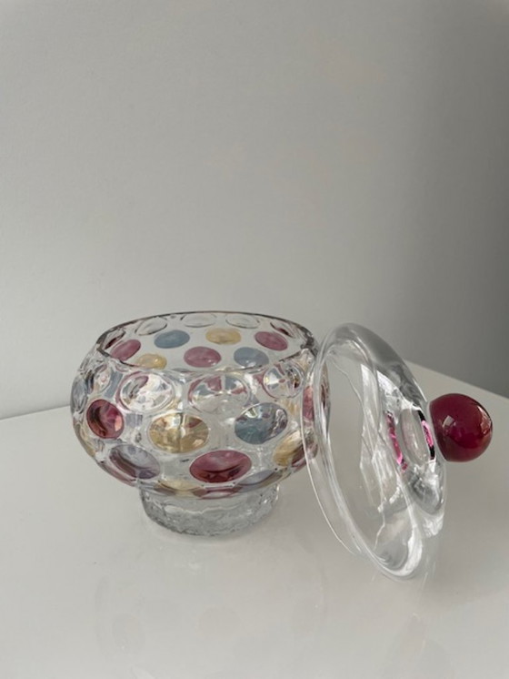 Image 1 of Decorative glass jar with colorful polka dots design