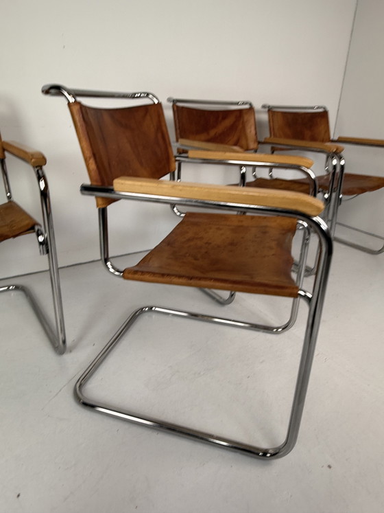 Image 1 of 6 x Thonet S34 tubular frame chairs cognac leather