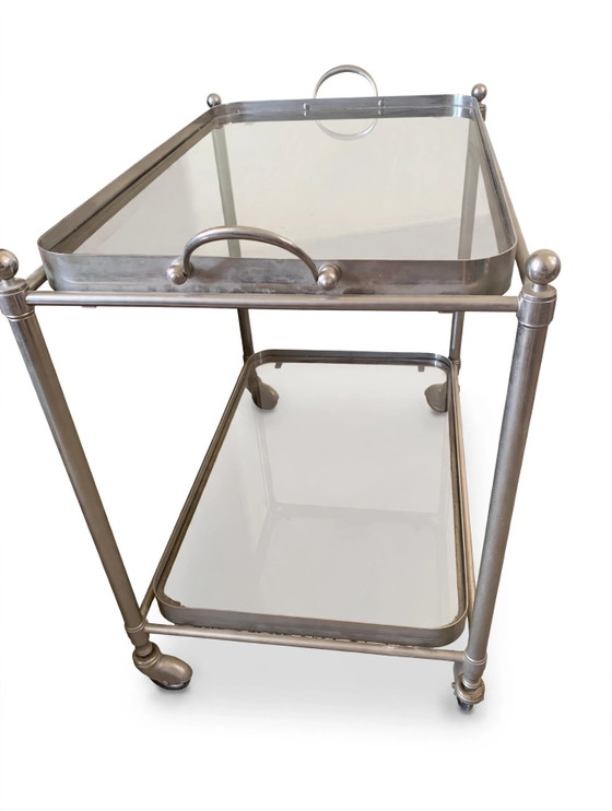 Carrello Bar Vintage in Metallo Argentato e Vetro Fumé - Stile Maison Jansen, Anni '70 - Neoclassico (photo 3 of 9)