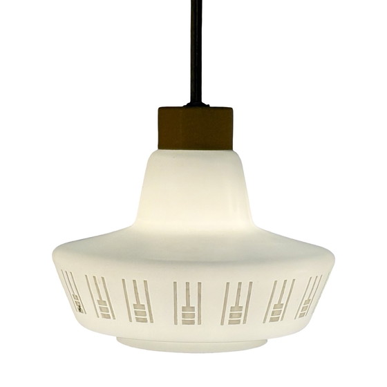 Image 1 of Vintage 50’s MCM Hanging pendant - Frosted / semi translucent white glass - Yellow ceiling mounted canopy and brass upright