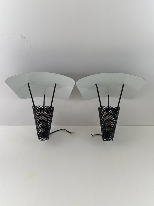 Paar Cerf-Volant Wandleuchten Jacques Biny für Luminalite 1955 Schwarz lackiertes Metall