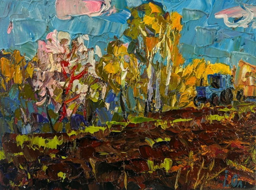 Pintura al óleo original Paisaje de campo natural Principios de primavera sobre el silencio del pueblo
