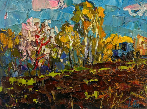 Image 1 of Original Oil Painting Nature Field Landscape Early spring over the village silence