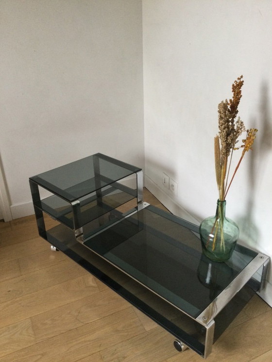Image 1 of Salontafel / Laag kastje, Italiaans design in gerookt glas en staal