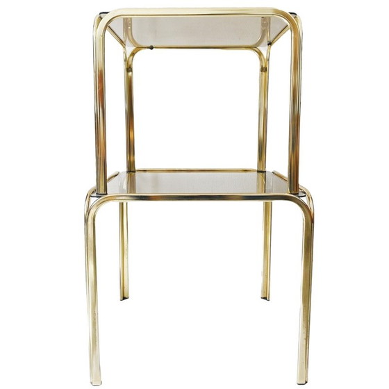 Image 1 of Vintage brass side tables set smoked glass Hollywood Regency