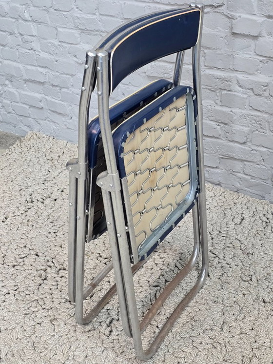 Image 1 of Mid-Century Design First Edition Patented Deep Blue Dico Folding Chairs, Set of 2, Netherlands, 1940s