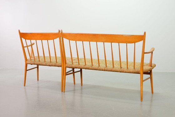 Image 1 of Large Mid-Century Design Spindle Back Bench with Rush Wickered Seatings in Style of Arno Lambrecht. Germany, 1950s. 
