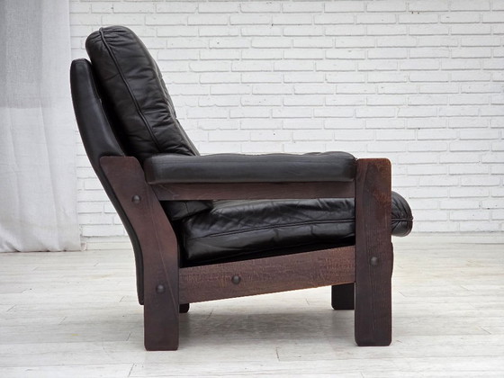 Image 1 of Deense fauteuil uit de jaren 70, bruin meubelleer, eikenhout.
