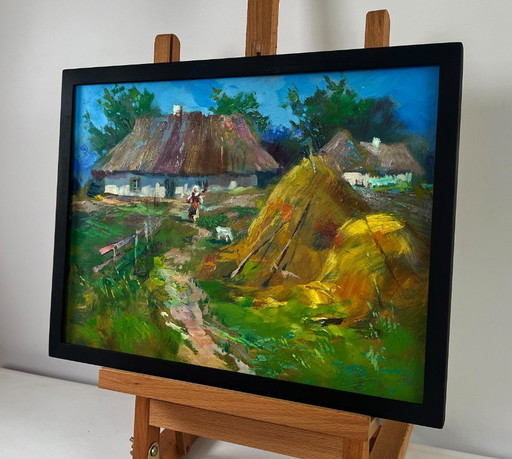 Original Oil Painting Rural Day Landscape Summer Village Life