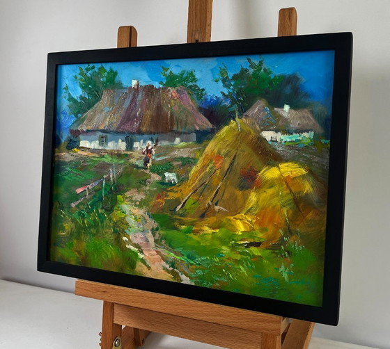 Image 1 of Original Oil Painting Rural Day Landscape Summer Village Life
