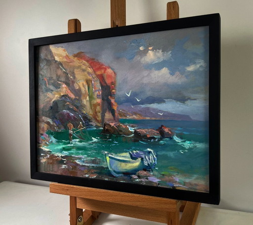 Original Oil Painting Evening Coastal Landscape Fishermen pull their nets into the sea