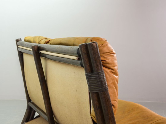 Image 1 of Brutalist Bentwood Love Seat Bamboo Sofa with Caramel Leather Upholstery, 1960s. 