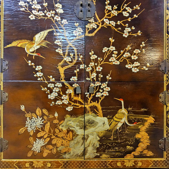 Image 1 of Vintage Chinese cabinet birds & flowers, red & gold (bohemian) Asian cabinet