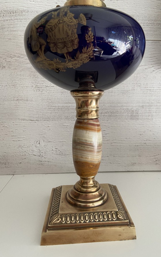 Image 1 of Duo di lampade a olio da salotto Inizio XX secolo Bronzo Terracotta Rame Giallo Cristallo