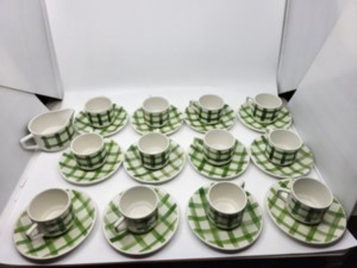 Kaffeeservice Moulin des Loups Orchies Dekor Grüne Tischdecke Steingut Frankreich 1960 Vintage