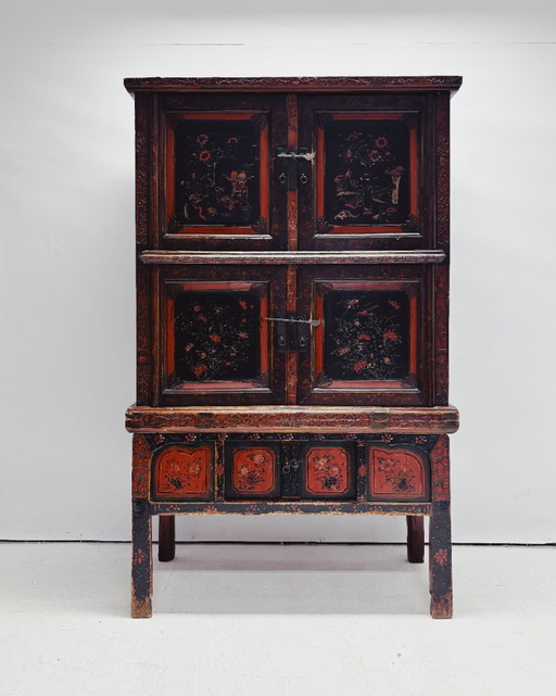 Vintage chinesischer schwarz-roter Schrank – kasten, Metal, Wood