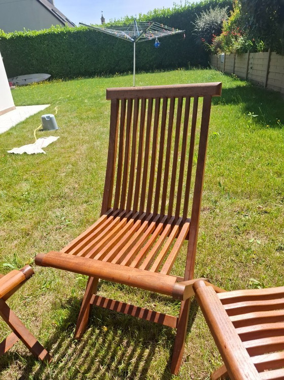 Image 1 of Lot de 4 chaises de jardin pliantes en Teck massif + 4 coussins de chaises à dossier offerts