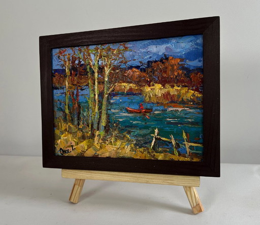 Original Oil Painting Autumn River Landscape Autumn river waters