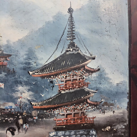 Vintage Rood Chinees Kamerscherm (Traditioneel Landschap Tempels) Oosters / Bohemian Paravent – Kamerschermen (photo 7 of 15)