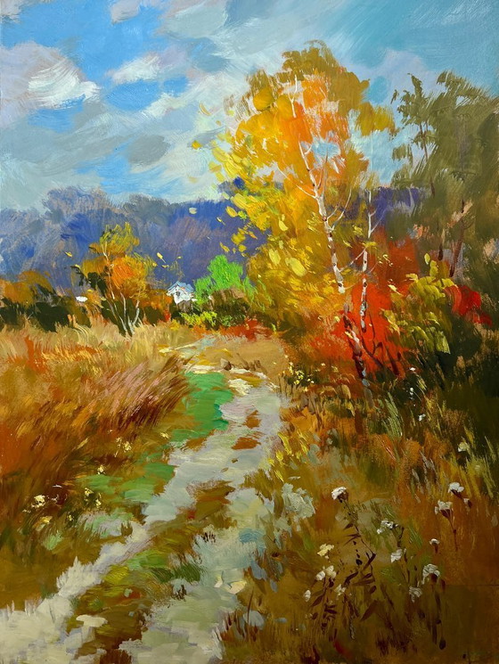 Image 1 of Pintura al óleo original Paisaje de bosque otoñal Escalones en un prado otoñal