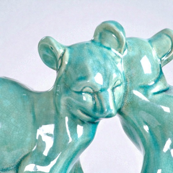 Image 1 of Art Deco Crackle-Glazed Ceramic Teddy Bear Statue Signed Lv Ceram