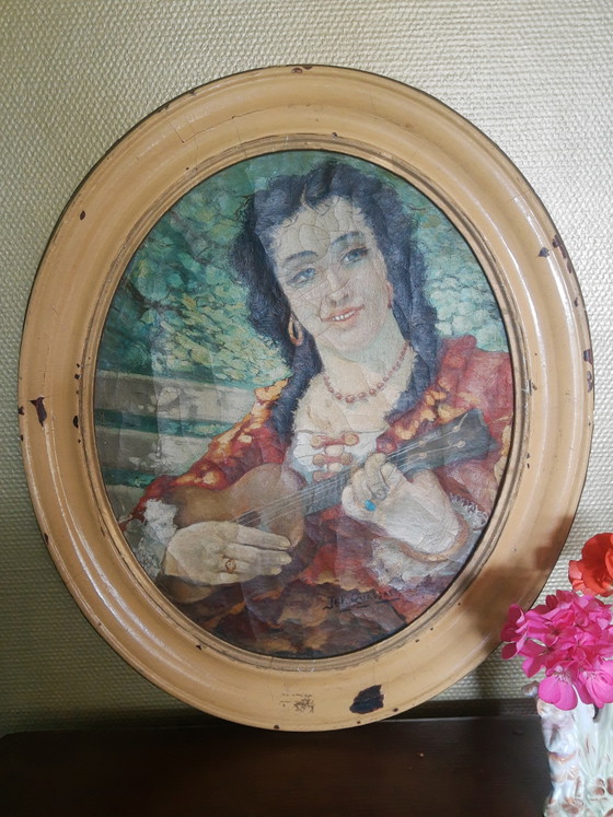 Wunderschönes antikes Gemälde im böhmischen Stil, das einen Musiker beim Gitarrespielen zeigt, in einem (photo 12 of 12)