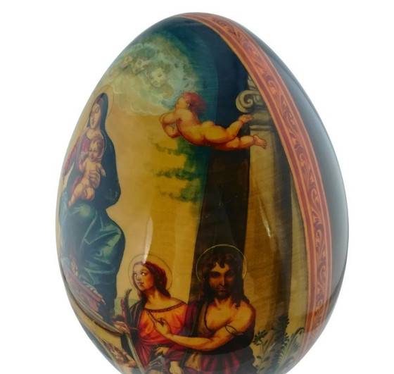 Image 1 of Giant Hand Painted Easter Egg Solid Wood Sergiev Posad, Correggio, Reproduction oil painting, Madonna with St Francis