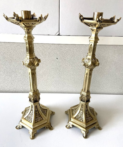 Pair of Antique Neo-Gothic Gilt Bronze Candlesticks
