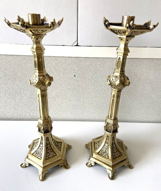 Image 1 of Pair of Antique Neo-Gothic Gilt Bronze Candlesticks