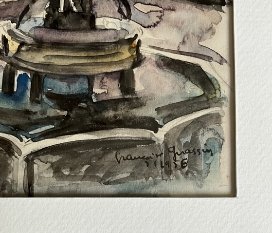 Image 1 of Originele aquarel van de kathedraal van Toulouse, Frankrijk – Françoise Grassin, 1956