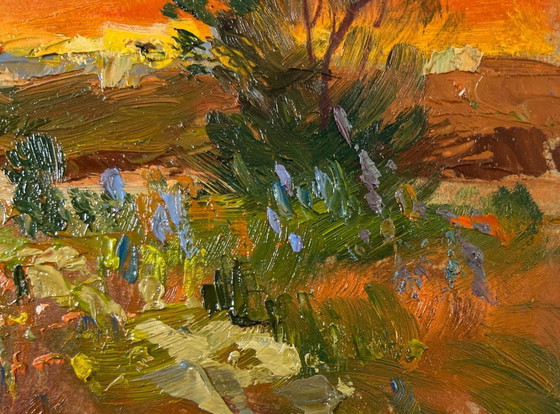 Image 1 of Original Oil Painting Sunset Field Landscape Evening Moment