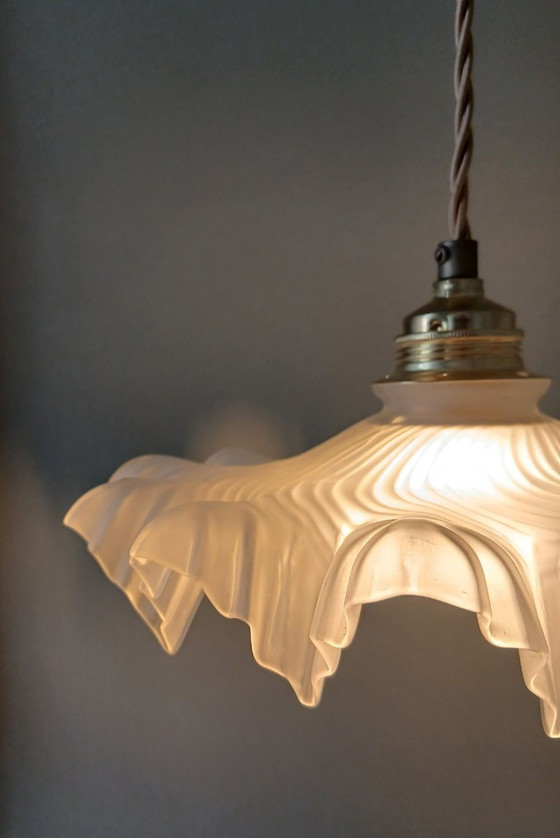 Image 1 of Vintage Franse Frosted Glazen Hanglamp in Clichy Stijl