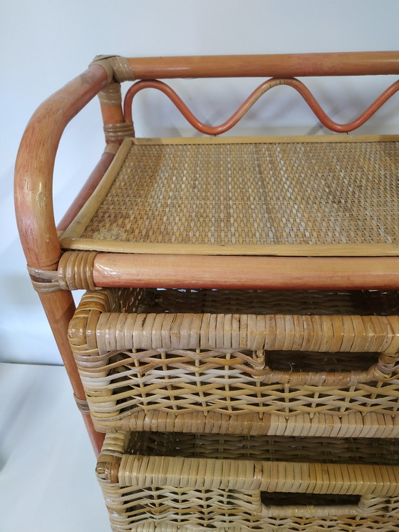 Image 1 of Vintage Jaren 70 Rotan Rattan Boho Style Bijzetkastje Ladekastje