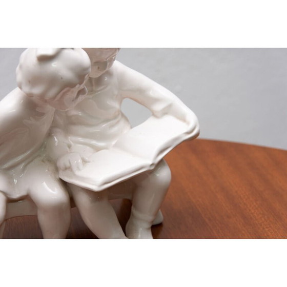 Image 1 of Vintage ceramic sculpture children with a book by Keramia Znojmo, Czechoslovakia 1950