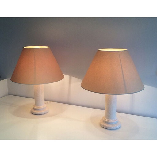 Pair of vintage French lamps in beige ceramic, 1970