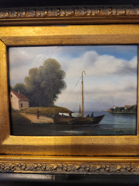 Image 1 of Atmospheric Antique River View with Sailing Ship – Signed "Patty" – In a Beautiful Baroque-Style Frame (London Origin)