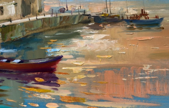 Image 1 of Dipinto ad olio originale, Paesaggio costiero serale, Tramonto arancione sul mare